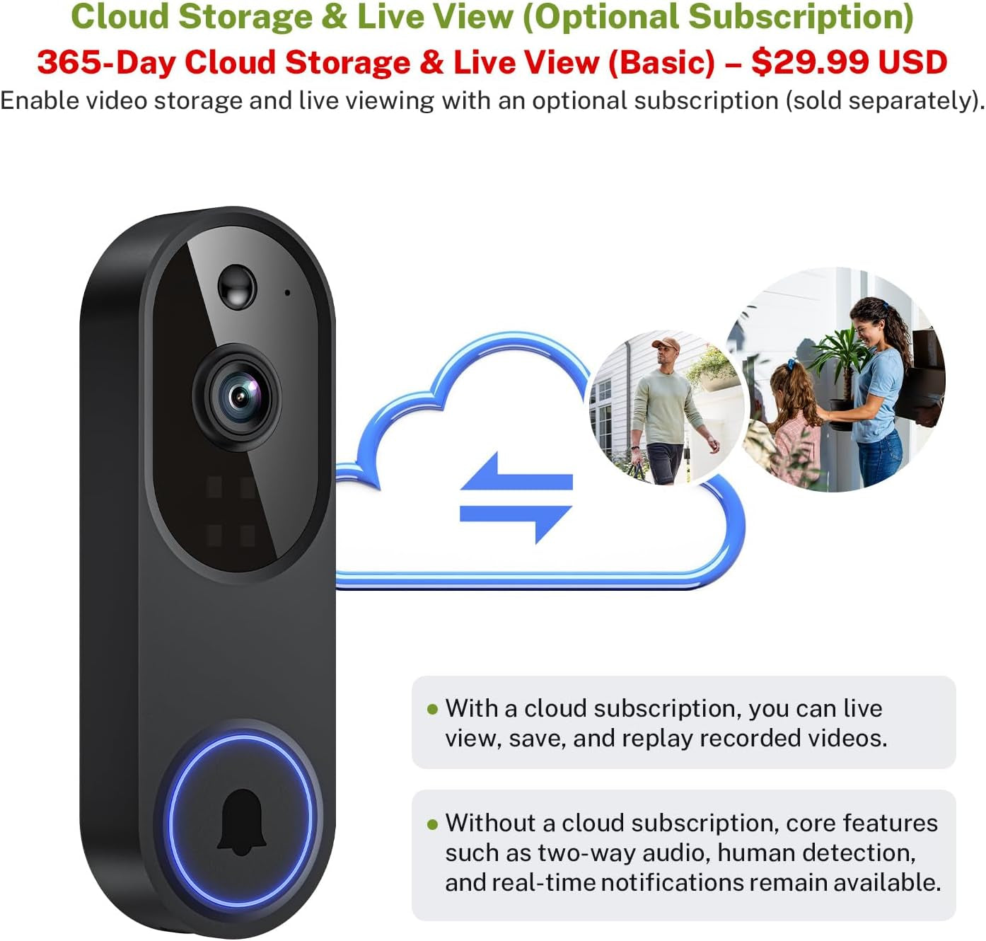 1080P Wireless Video Doorbell Camera, Outdoor Surveillance Cameras, FHD Live View, Cloud Storage, AI Human Detection, Instant Alert, Night Vision, Two Way Audio, 2.4G Wifi Only