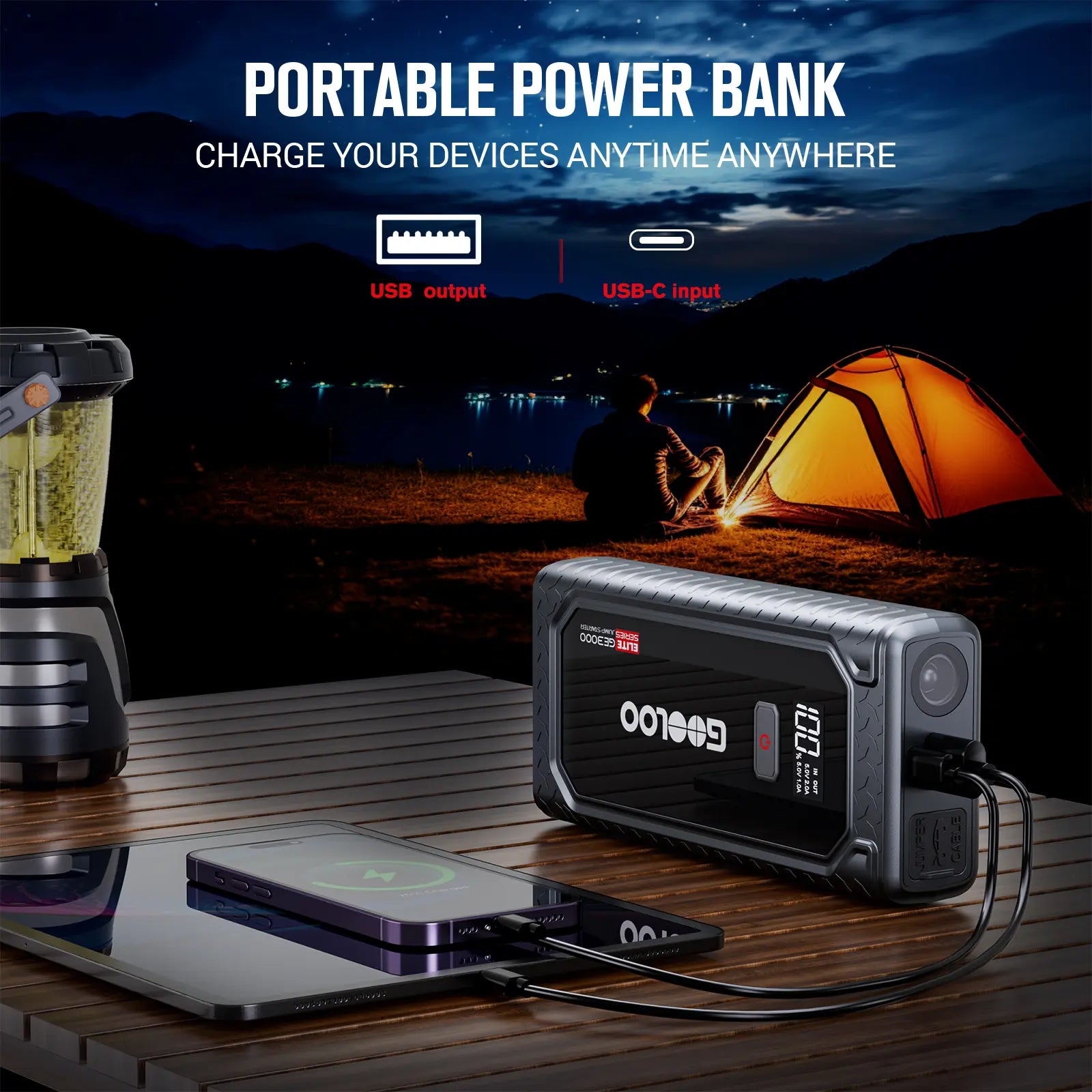 GOOLOO GE3000 Portable Car Jump Starter - 3000A Lithium Battery Booster for Gas Engines up to 8.5L and Diesel Engines up to 6L, Featuring Smart Charging Port and LED Light