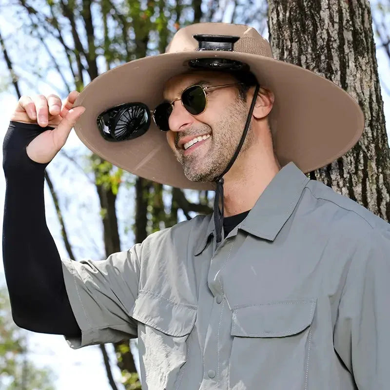 Outdoor Summer Sun Hat with 2 Fan Large Brim Windproof Strap Solar or USB Charging anti UV Sun Fishing Cap