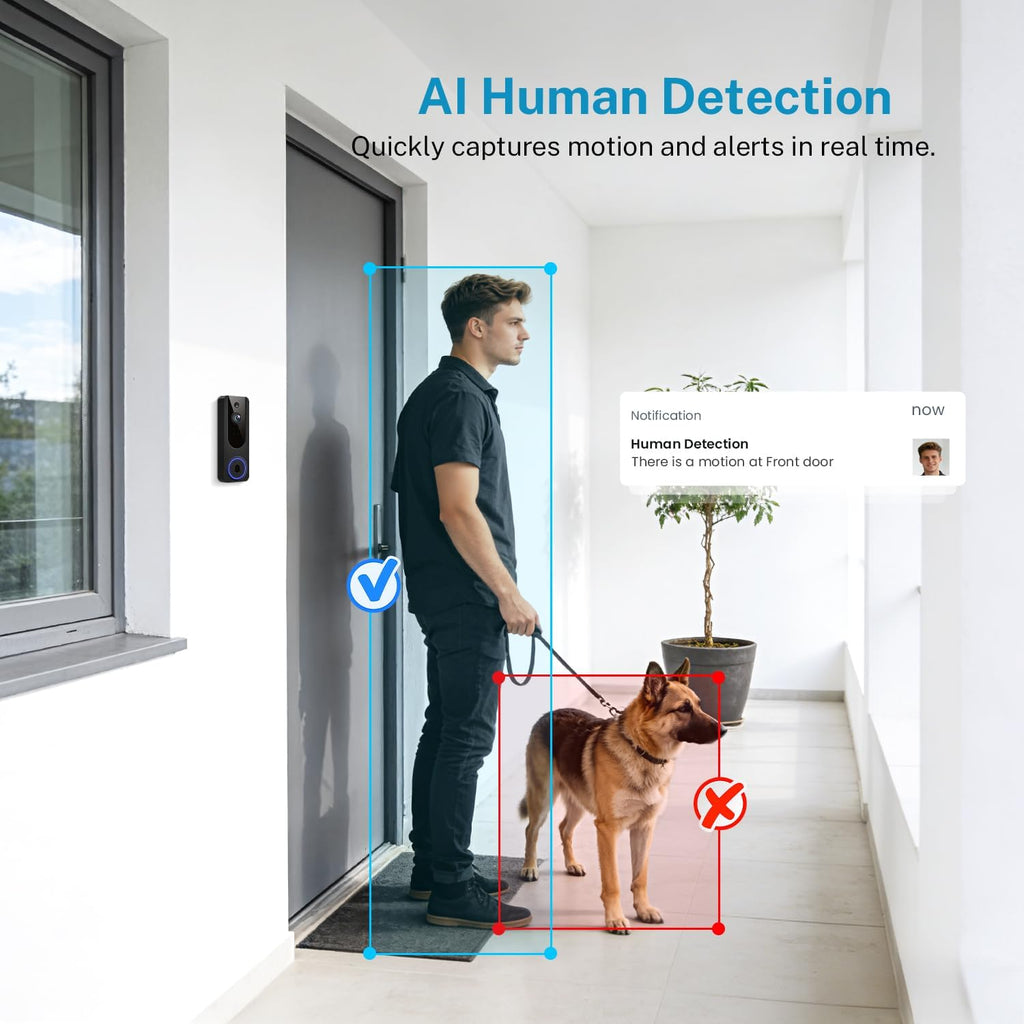 1080P Video Doorbell Camera Wireless, Battery Powered, Night Vision, 2-Way Audio, Smart AI Human Detection, Cloud Storage, Home Security Doorbell